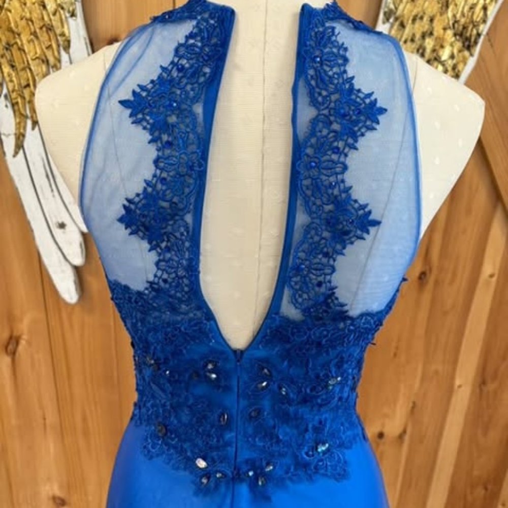 Dark blue with dark blue lace within neckline and ribs special occasion dress - Picture 7 of 7